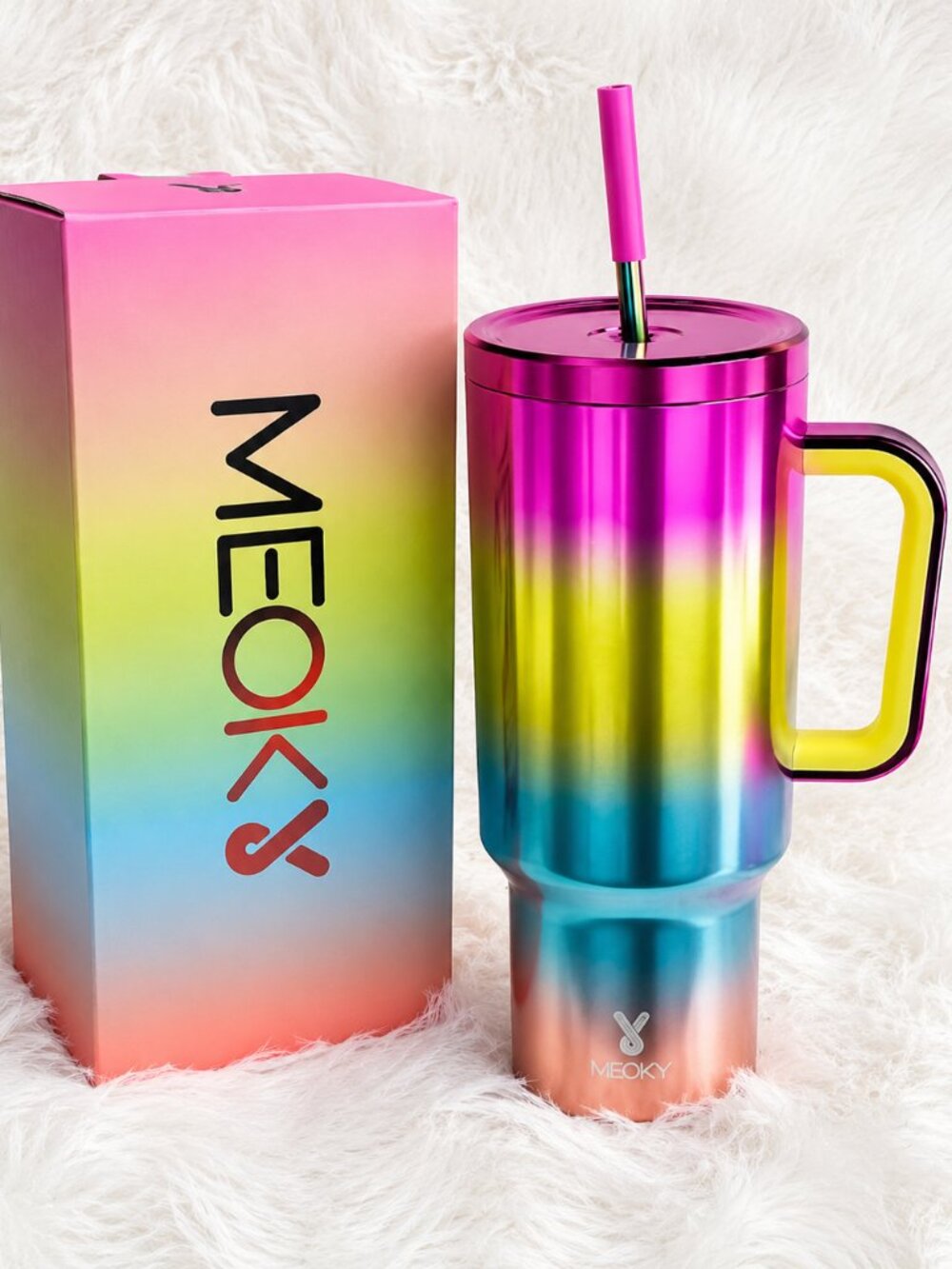 MEOKY 40oz Iridescent Rainbow Tumbler with Handle & Straw